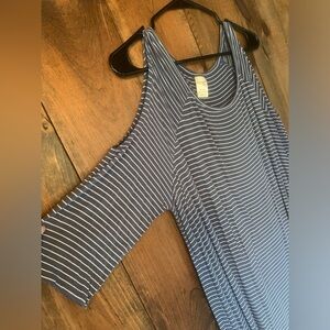 Open shoulder blue and white striped T-shirt/top/tunic